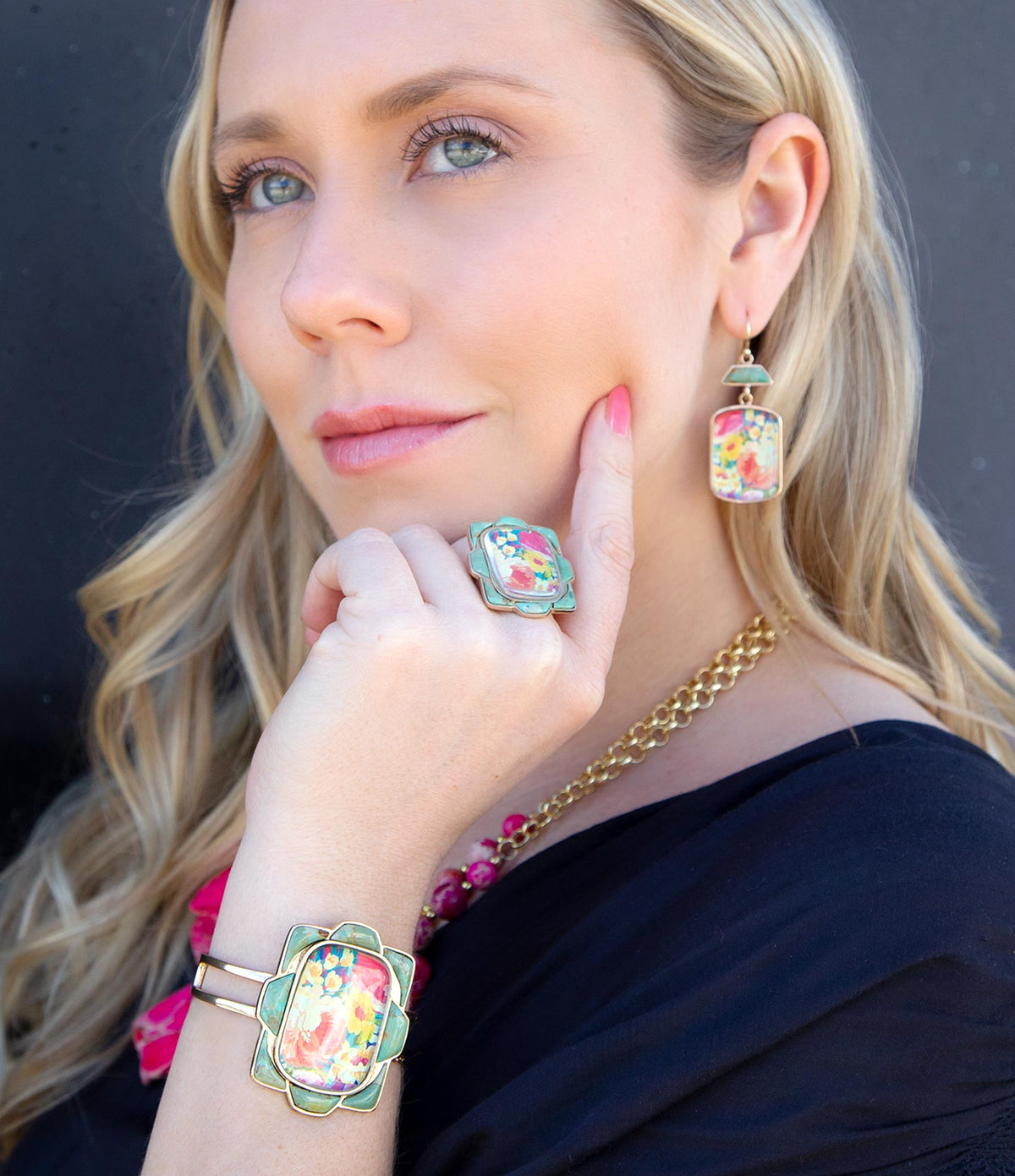 Model wearing the coordinated Scenic Floral turquoise jewelry set