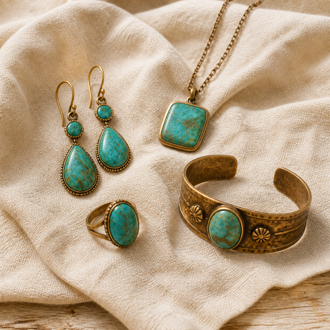 Turquoise and golden bronze jewelry arranged on warm ivory linen