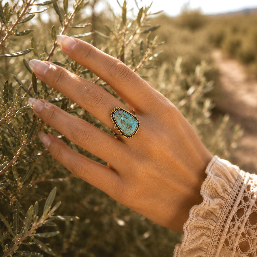 Roped Genuine Turquoise Golden Ring