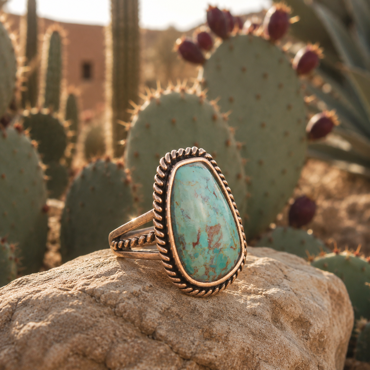 Roped Genuine Turquoise Golden Ring