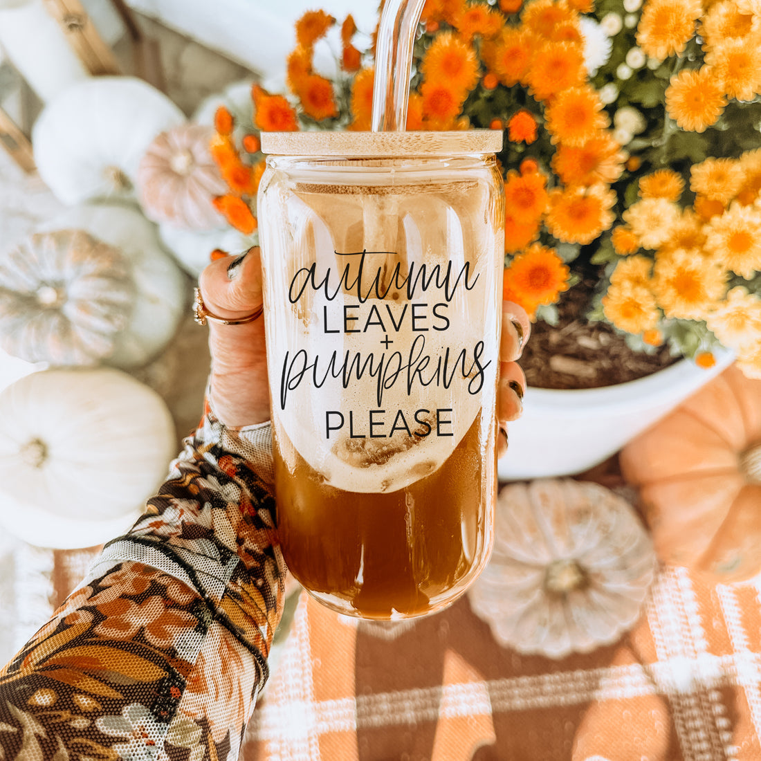 Sutton Lane Co. Fall — Autumn Leaves & Pumpkins 20oz Glass Tumbler
