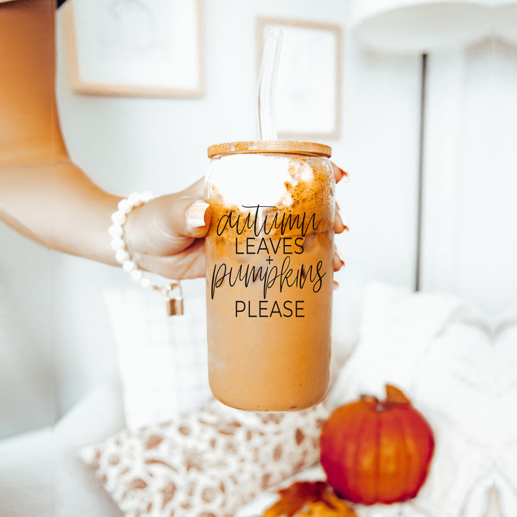 Sutton Lane Co. Fall — Autumn Leaves & Pumpkins 20oz Glass Tumbler