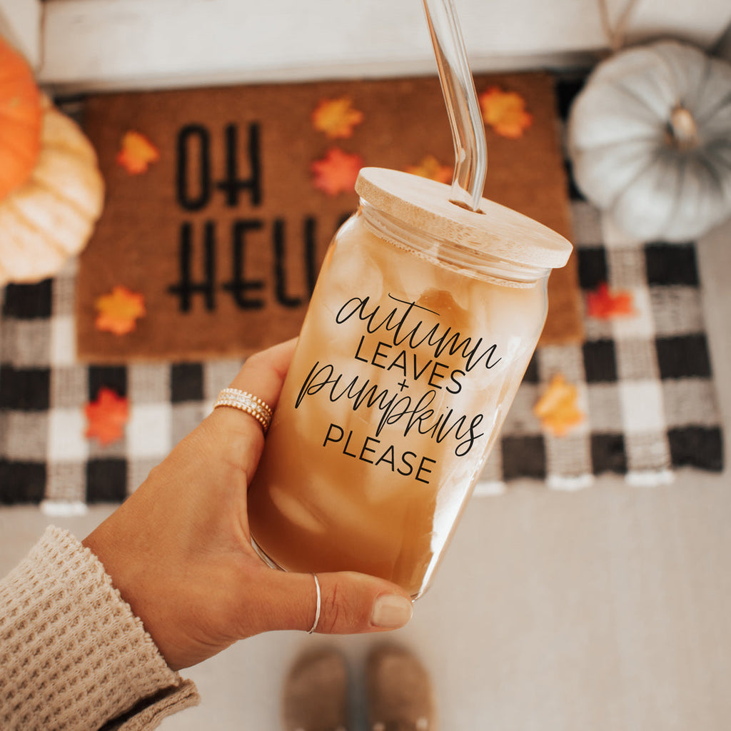 Sutton Lane Co. Fall — Autumn Leaves & Pumpkins 20oz Glass Tumbler