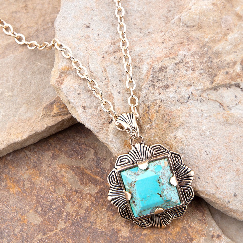 Genuine Turquoise Square Pendant Necklace