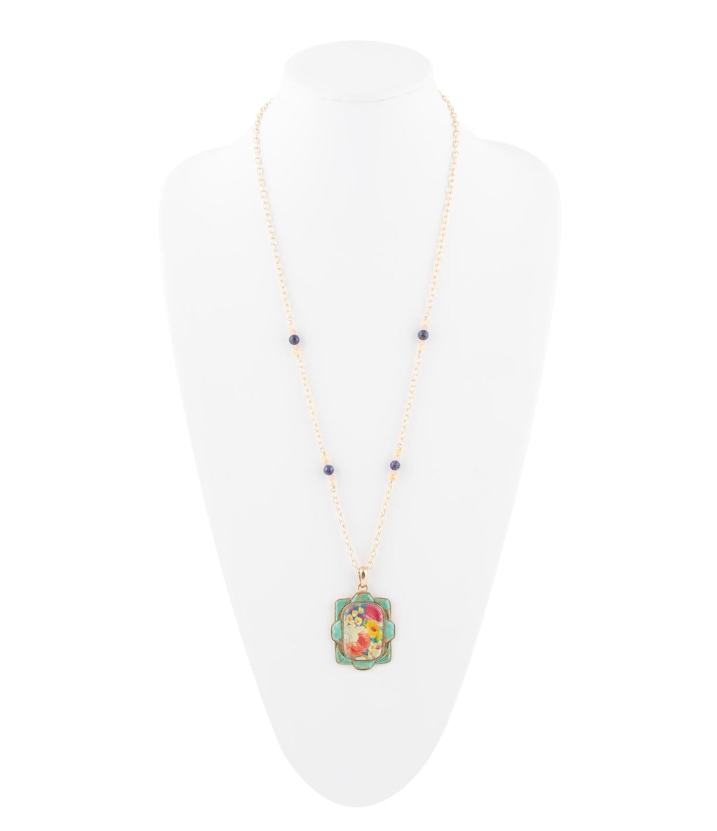 Scenic Floral Genuine Turquoise Pendant Necklace