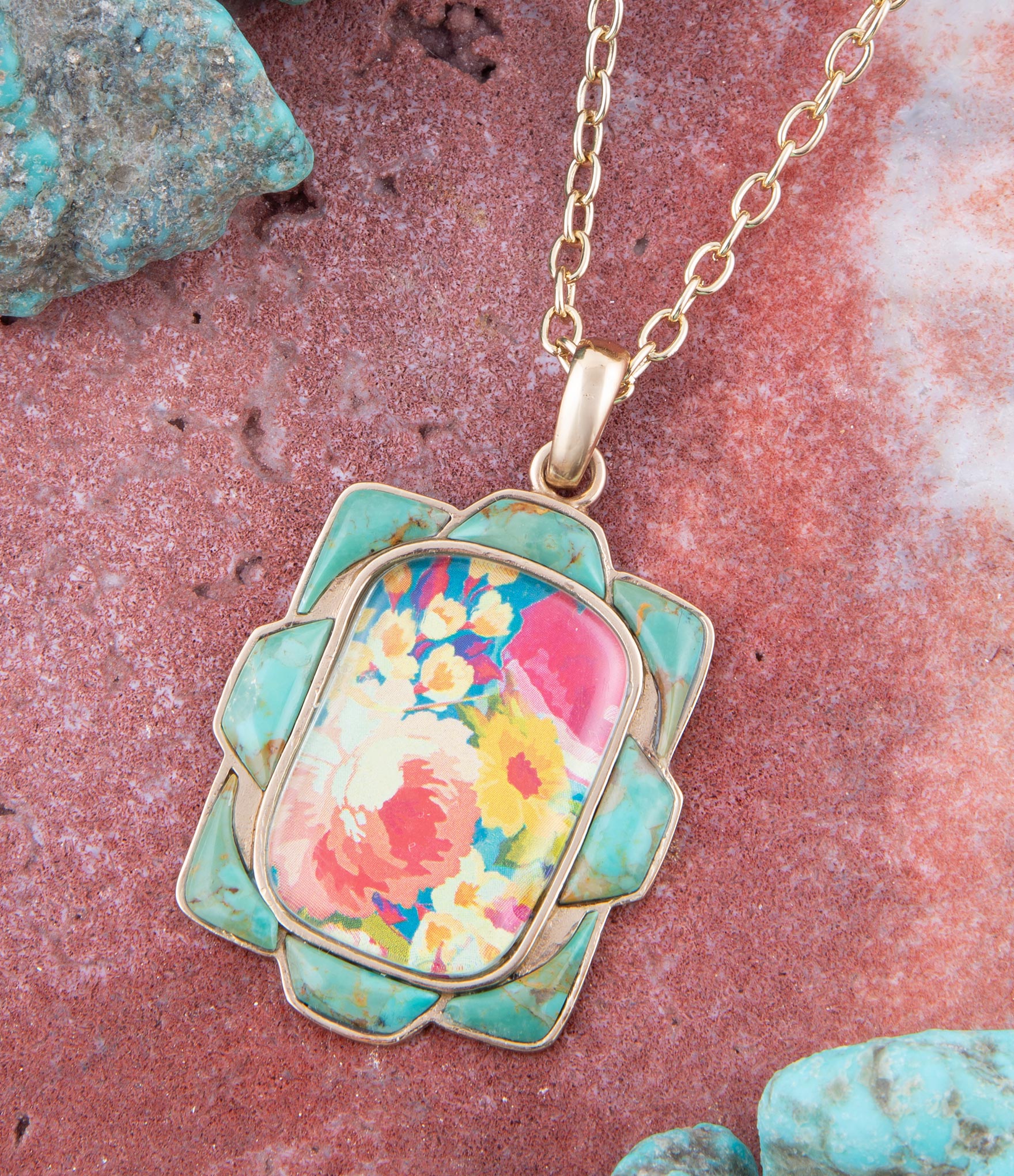Scenic Floral Genuine Turquoise Pendant Necklace